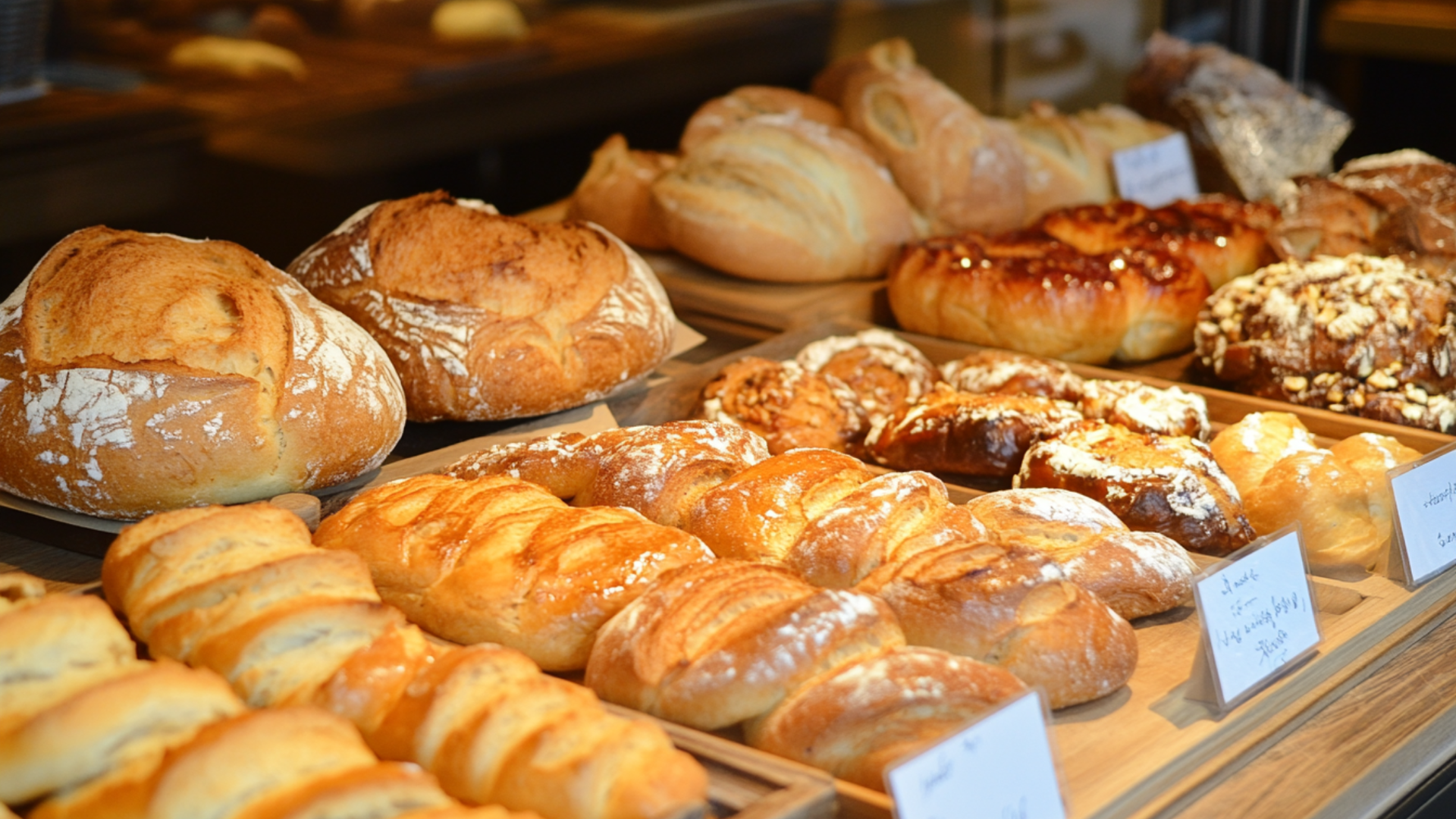 Breads and pastries in a bakery's shop window