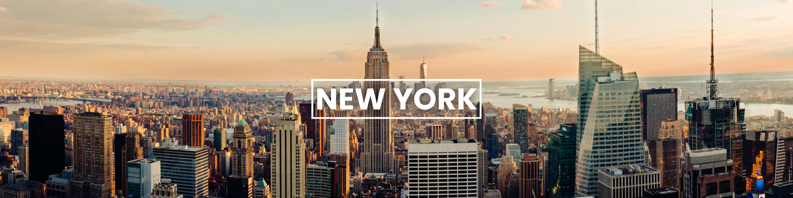 an aerial view of the new york city skyline at sunset .