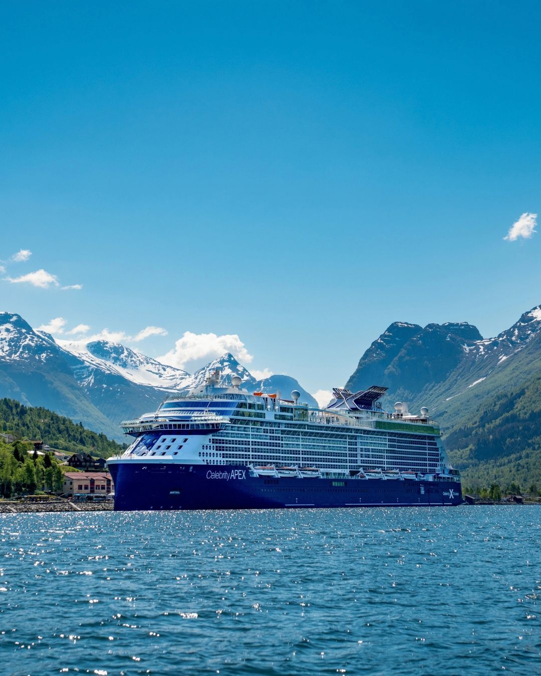 Large cruise ship on blue water with snowy mountains under a clear sky