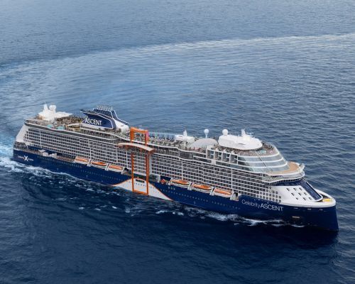 Celebrity Ascent sailing on calm open water, viewed from above