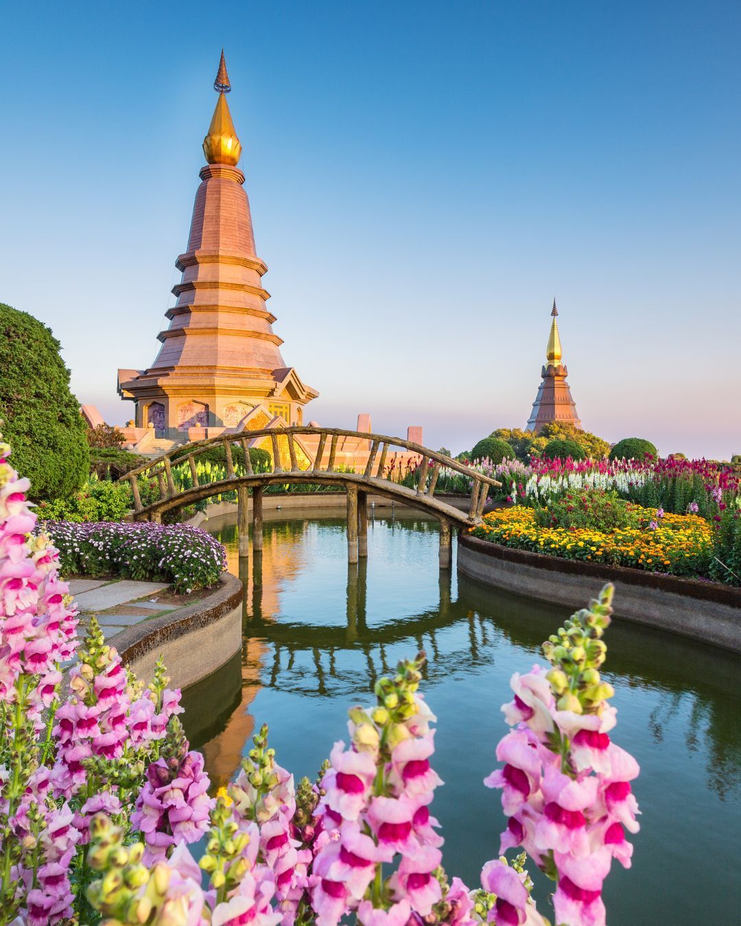 Golden temple spires over a garden pond, with a curved bridge and pink flowers in the foreground