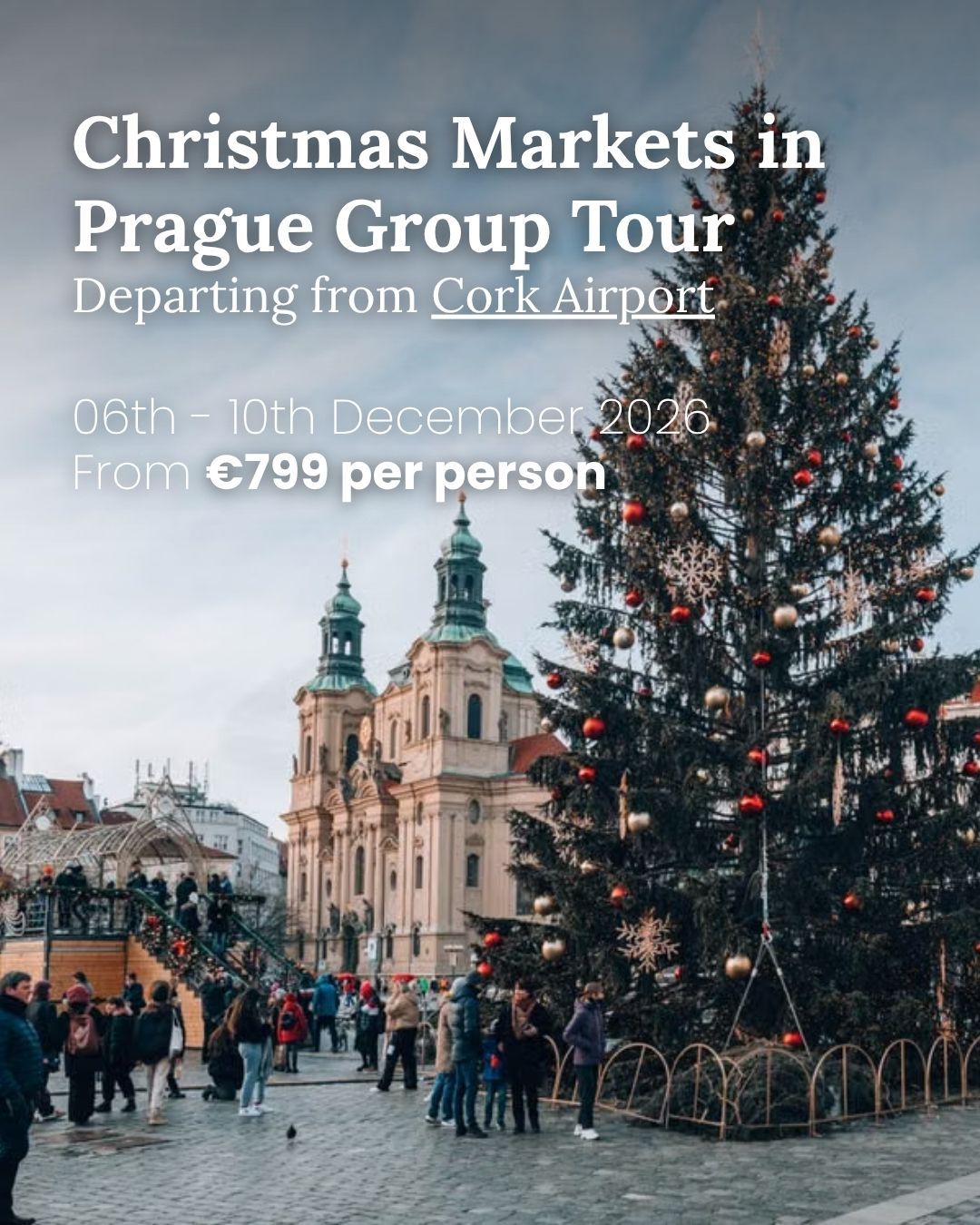 Christmas Markets in Prague group tour poster with city square, lit tree, and church towers at dusk