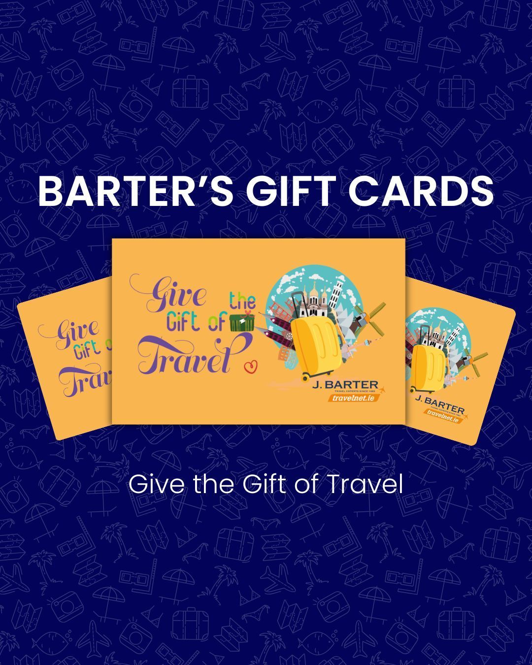 Barter’s Gift Cards ad with yellow travel-themed gift cards on a blue patterned background
