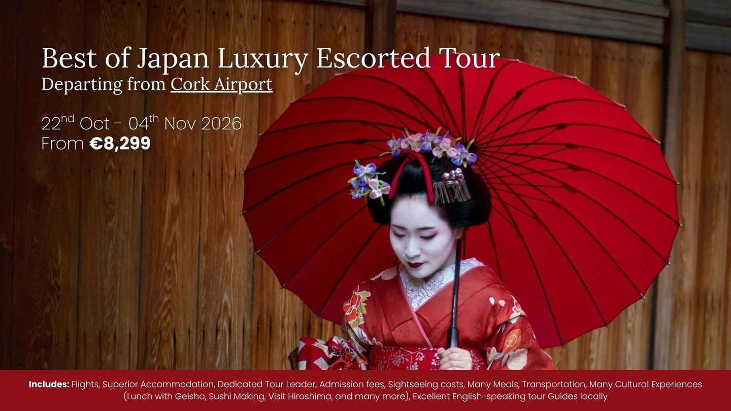 Japanese woman in red kimono under red umbrella for a luxury escorted tour ad in Japan