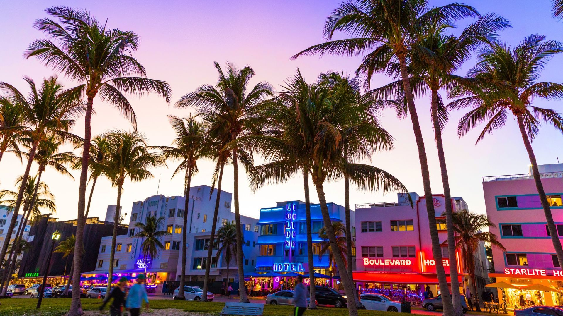 Palm-lined city street at dusk with colorful neon-lit buildings under a purple sky
