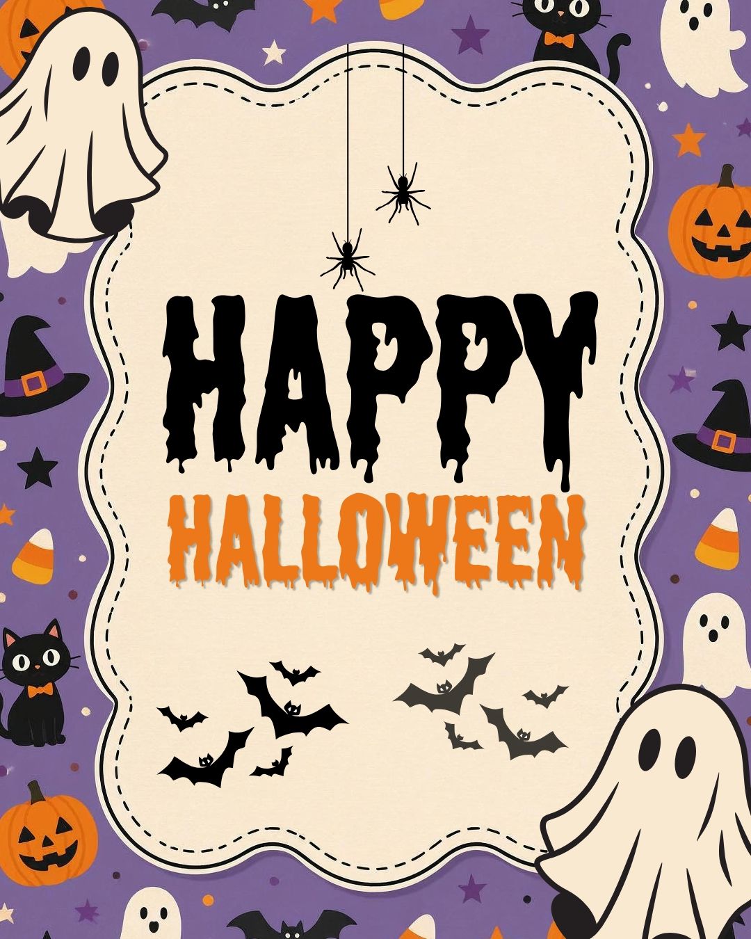 Halloween card with ghosts, bats, pumpkins, and “HAPPY HALLOWEEN” text on a purple background