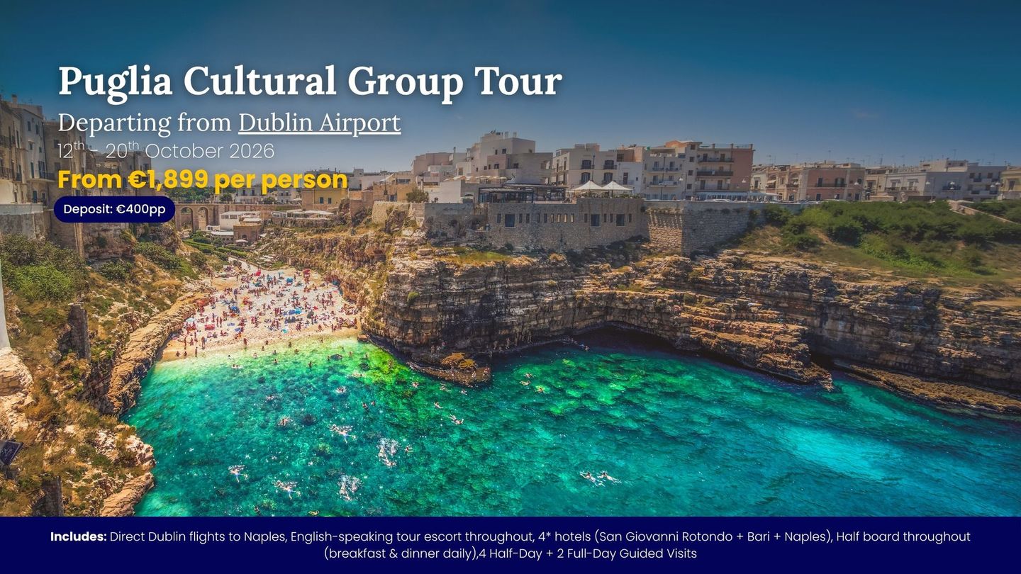 Puglia cultural group tour promo over turquoise coastal cove and cliffside town, from €1899 per person