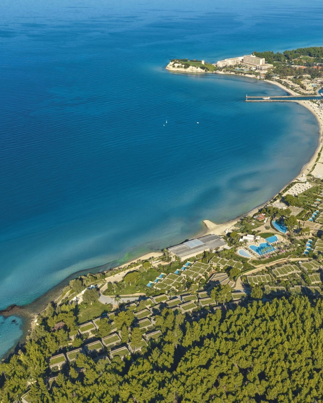Aerial view of a crescent beach, blue sea, and coastal sani resort beside green forest.