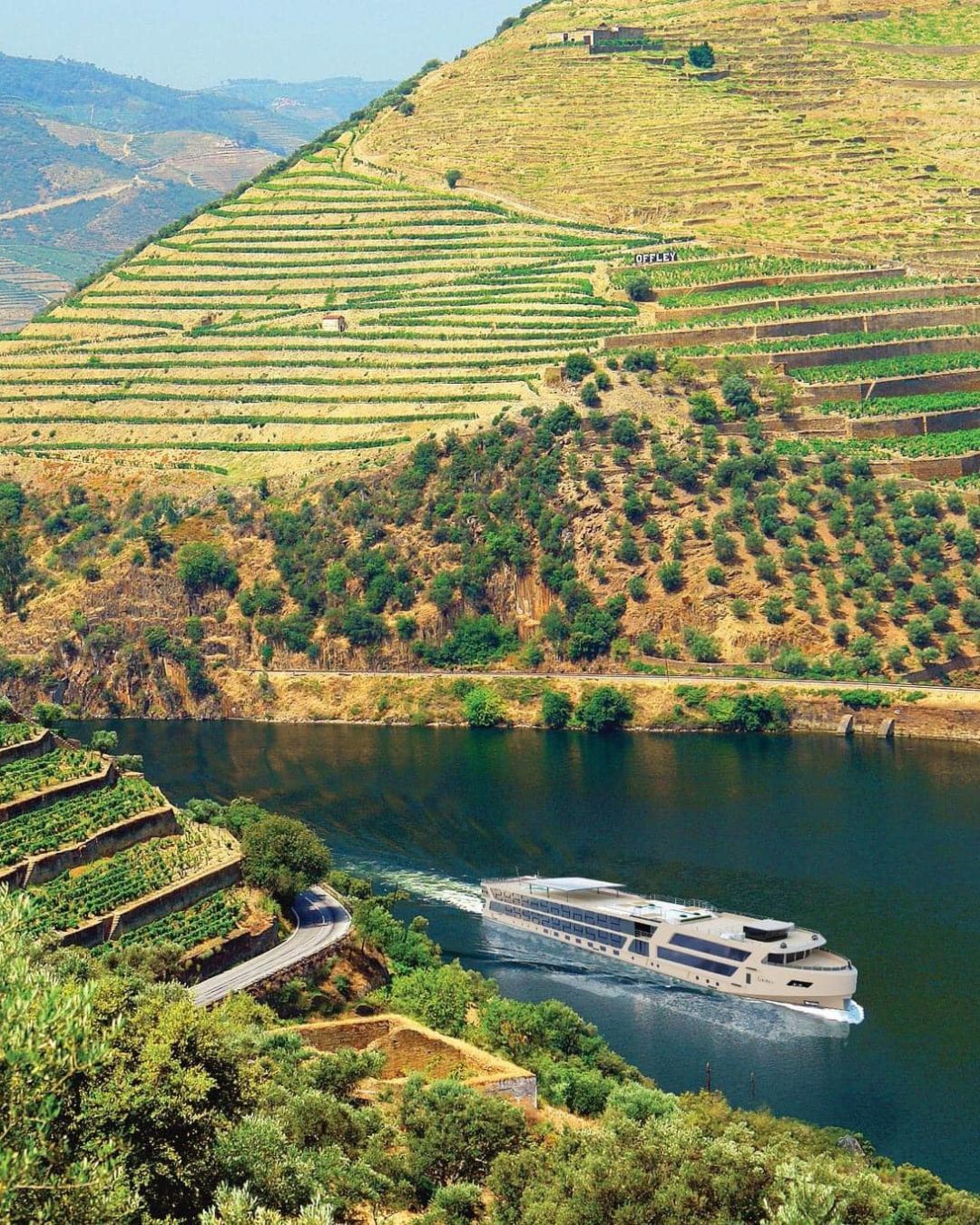 Travelmarvel river cruise ship on a calm river beside terraced hillsides and green vineyards under sunlight