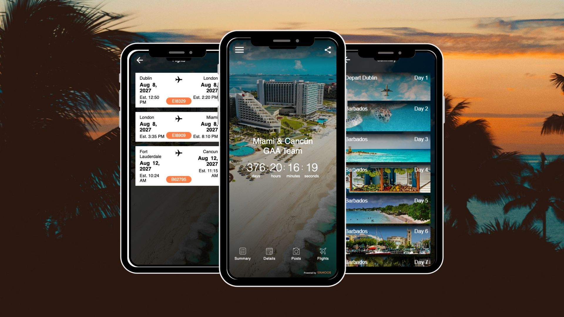 Three smartphones displaying weather and scenic photo app screens against an orange sunset background