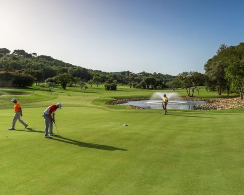 Golfers putting on a green beside a water hazard under a clear blue sky