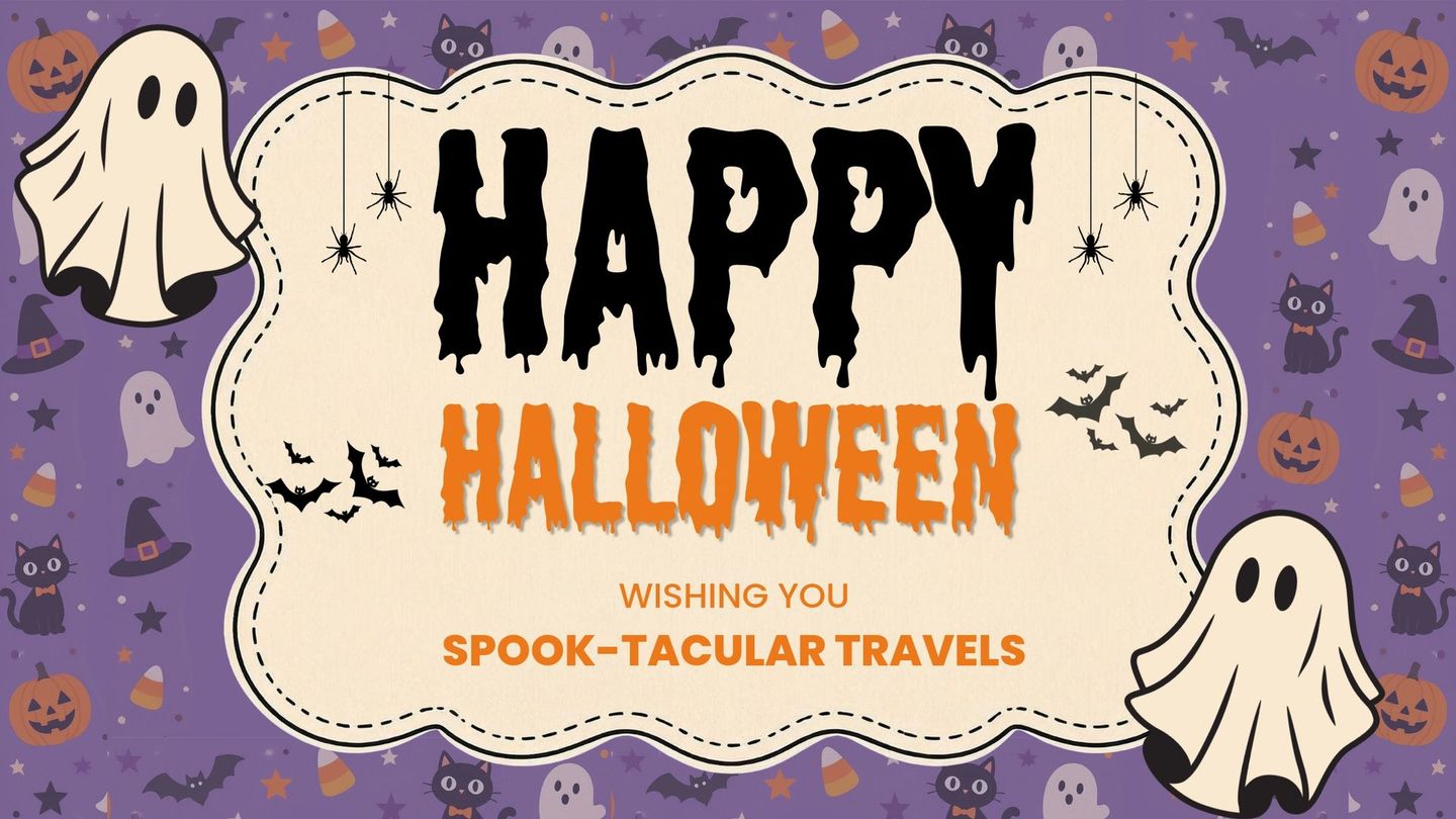 Halloween card with ghosts, purple background, and the words “Happy Halloween” and “Spook-tacular Travels”