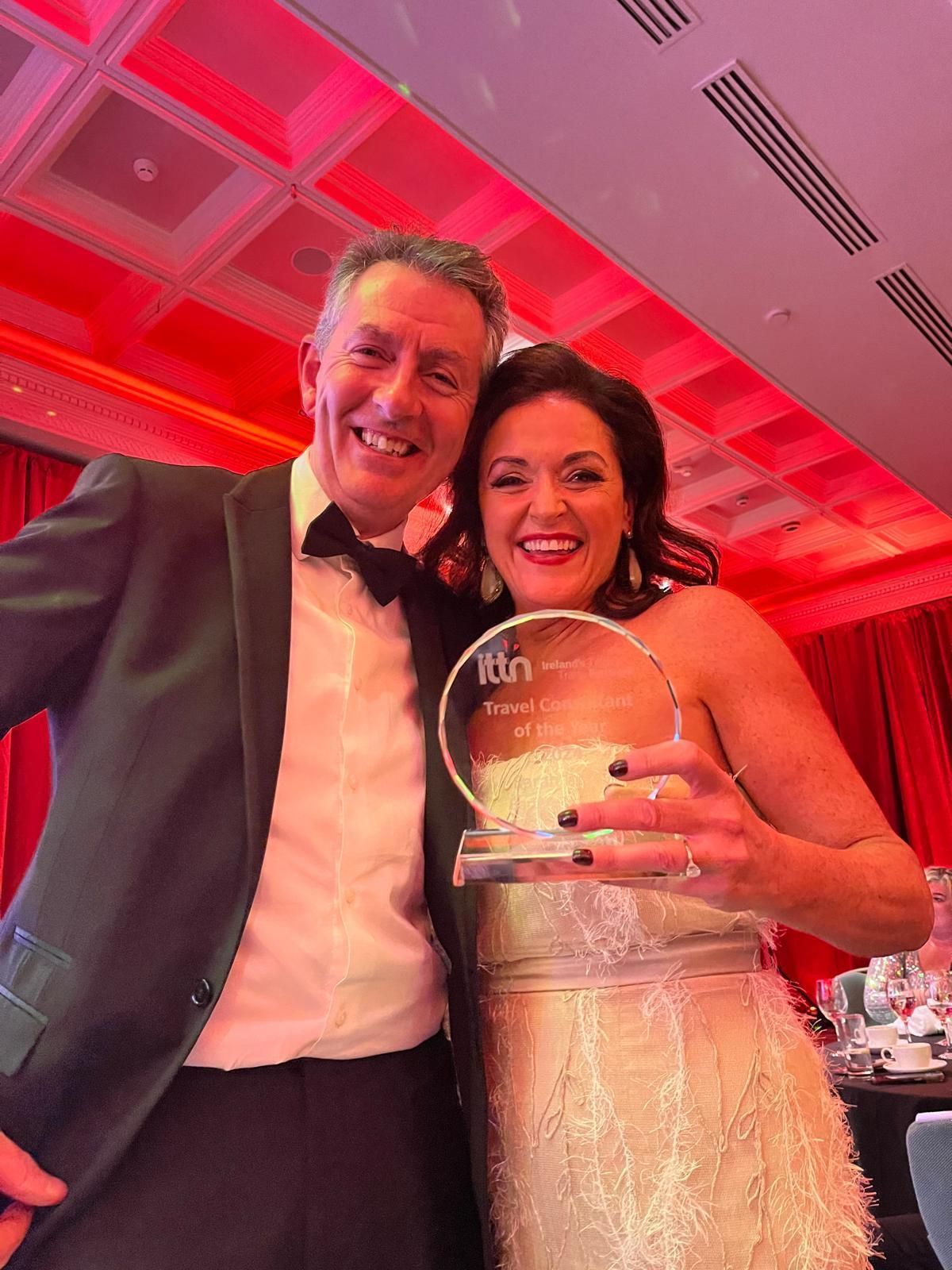 Tom Randles and Sarah Brady celebrating with the award on the ITTN Travel Trade Awards 2024