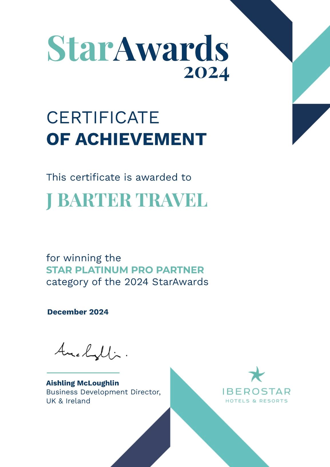 A certificate of achievement is awarded to j barter travel.