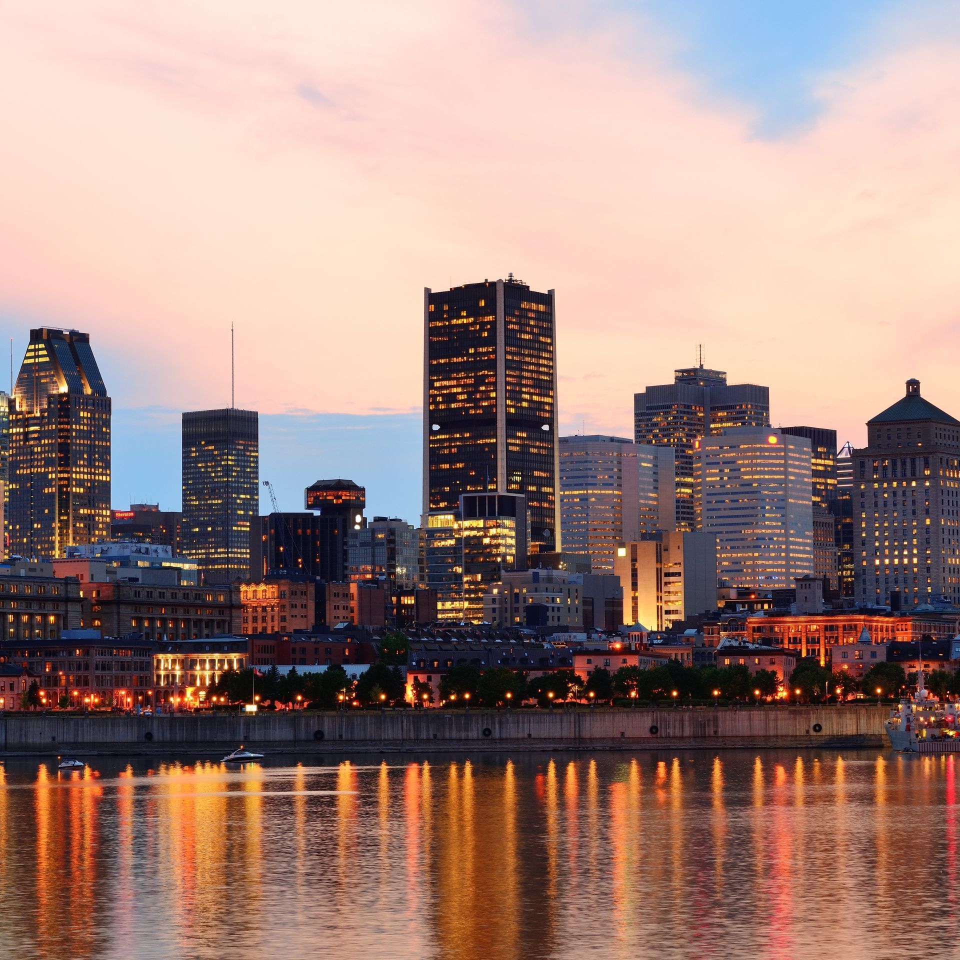 montreal cityline in canada with a sunset