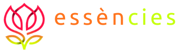Un logotipo para esencias con una flor y hojas.