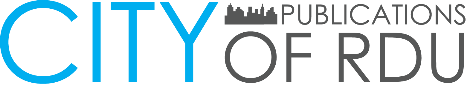 The logo for city publications of raleigh rdu is blue and gray.