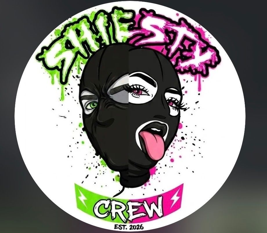 Graffiti-style logo with a masked face and neon green-pink text reading “SMILE SEXY CREW”