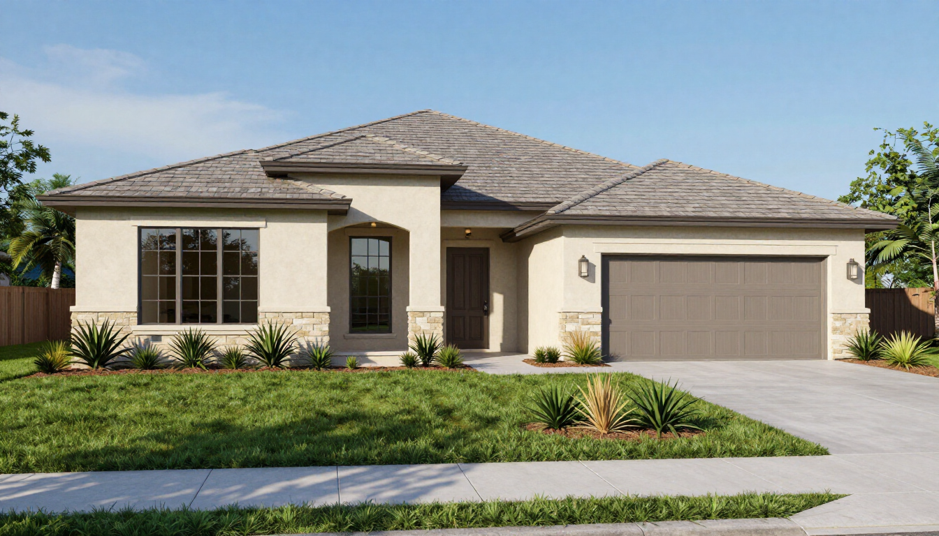 Single-story beige suburban house with gray roof, two-car garage, and landscaped front yard