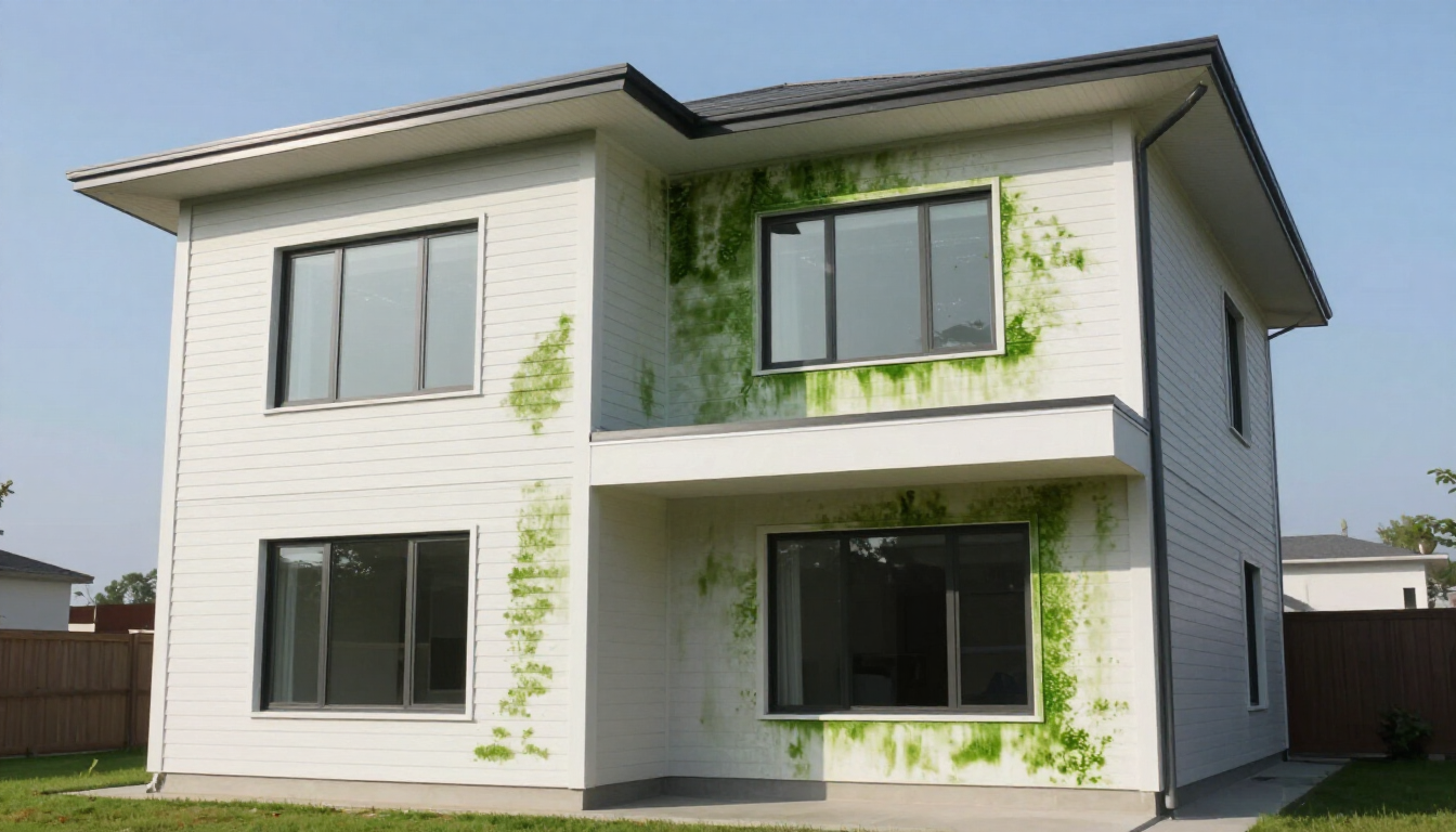 Modern two-story white house with green vine accents and black-framed windows on a sunny day