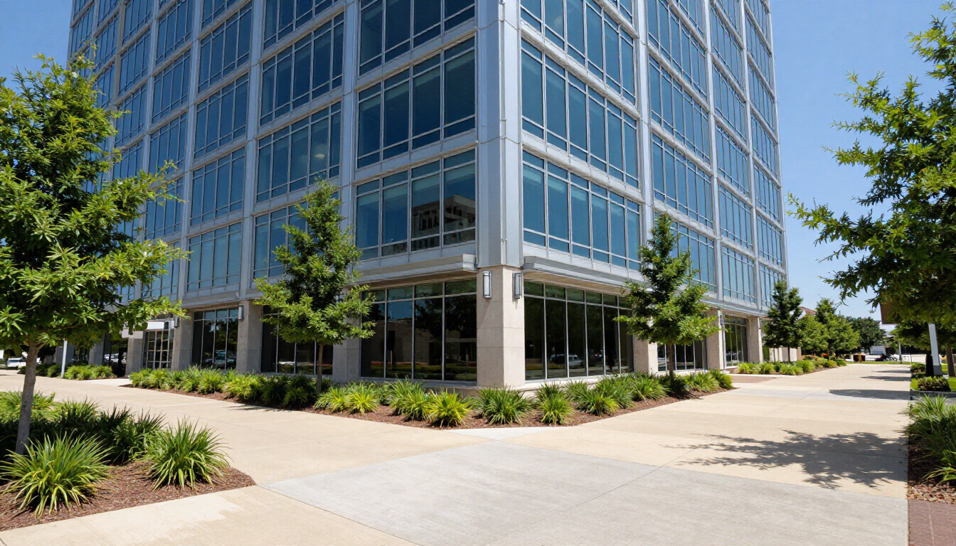Glass office building corner with trees and landscaped walkway on a sunny day
