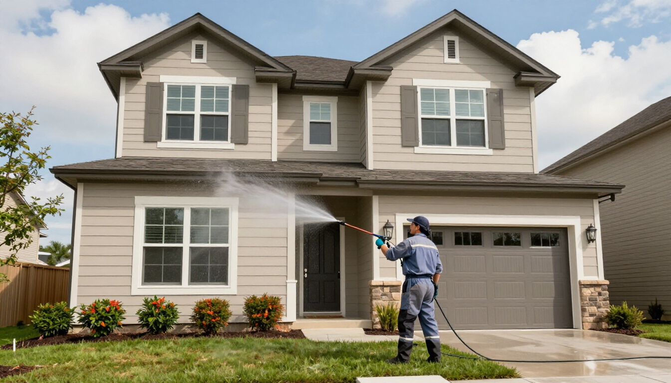 Worker pressure-washing the exterior of a two-story beige house with a garage and front lawn