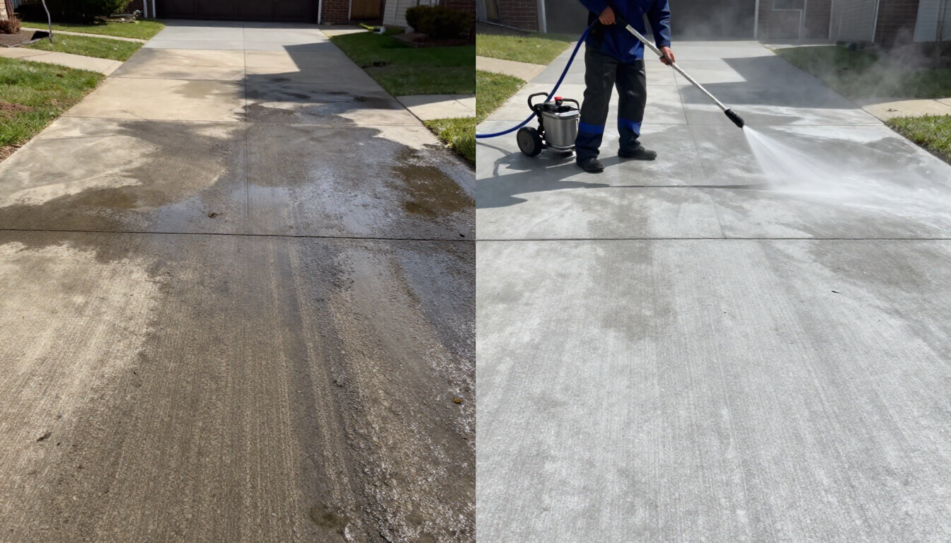 Worker power-washing a driveway, with a cleaned white section beside a dirty concrete surface