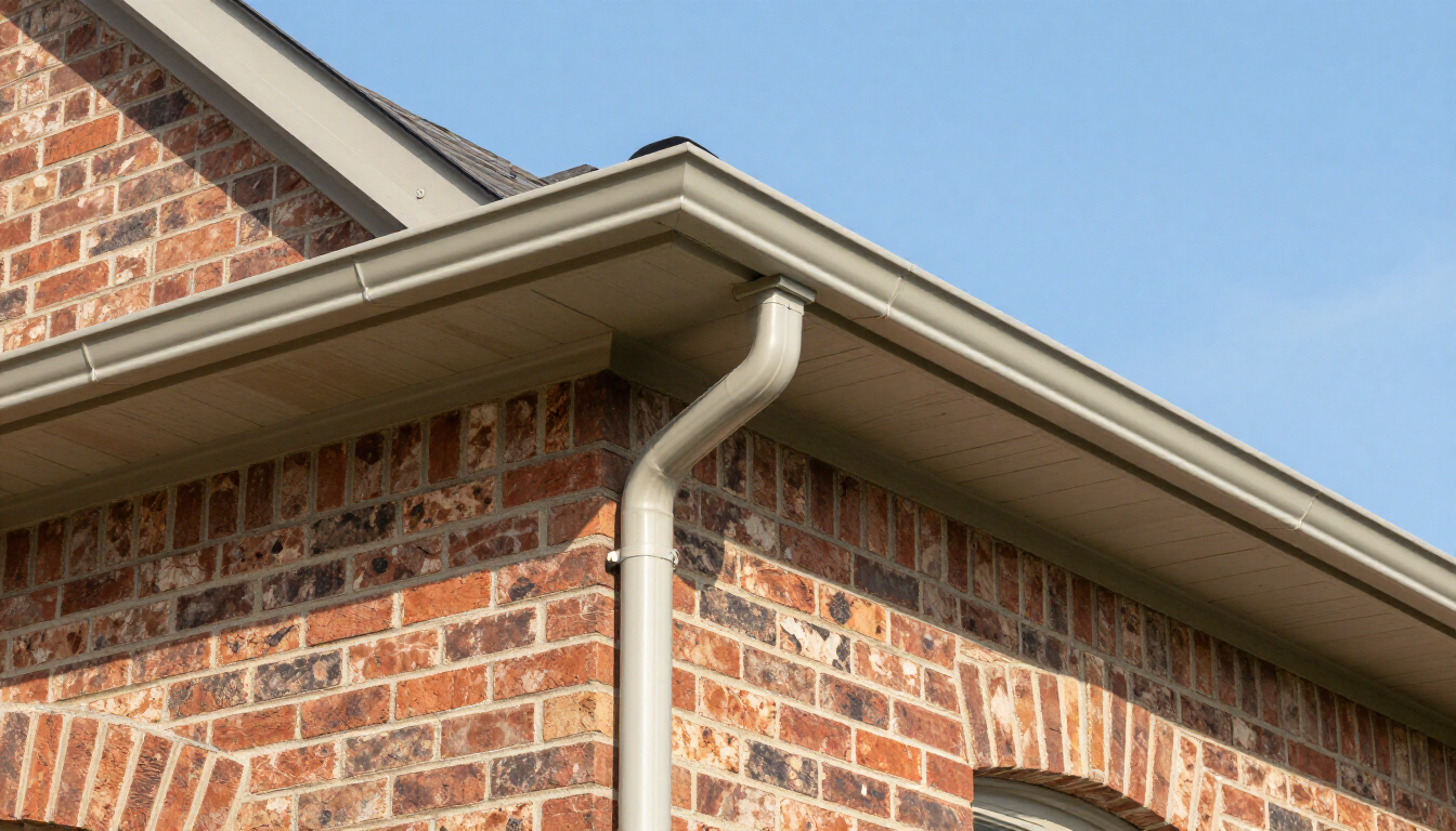 Close-up of a brick house corner with white gutter and downspout under a blue sky