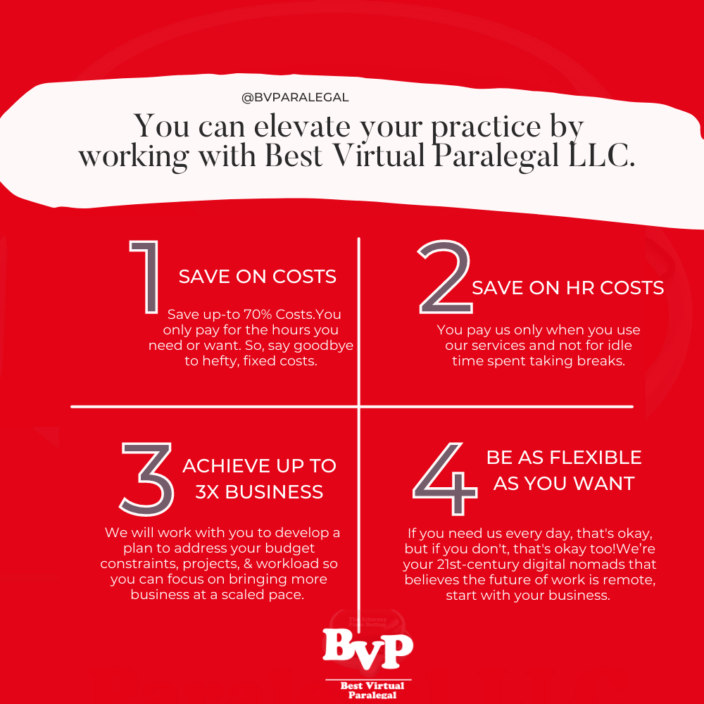A poster that says you can elevate your practice by working with best virtual paralegal llc.