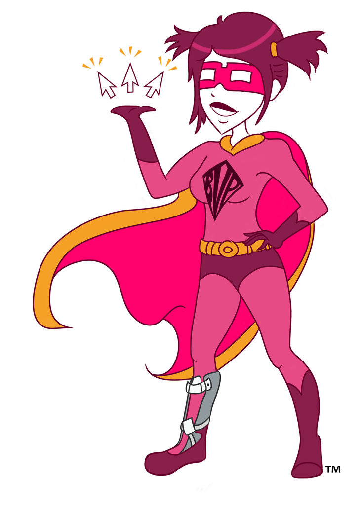 A cartoon of a girl in a pink superhero costume.