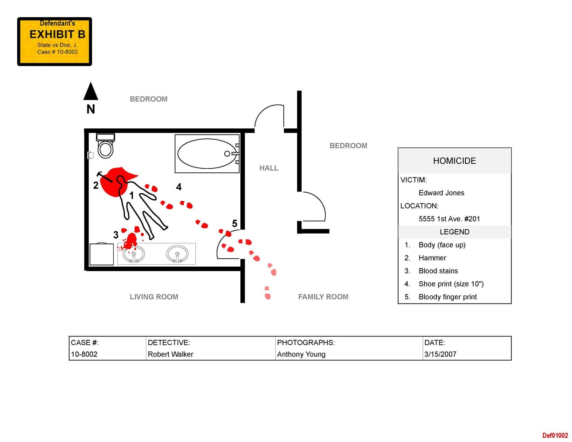 A floor plan of a bathroom with a yellow sign that says exhibit b
