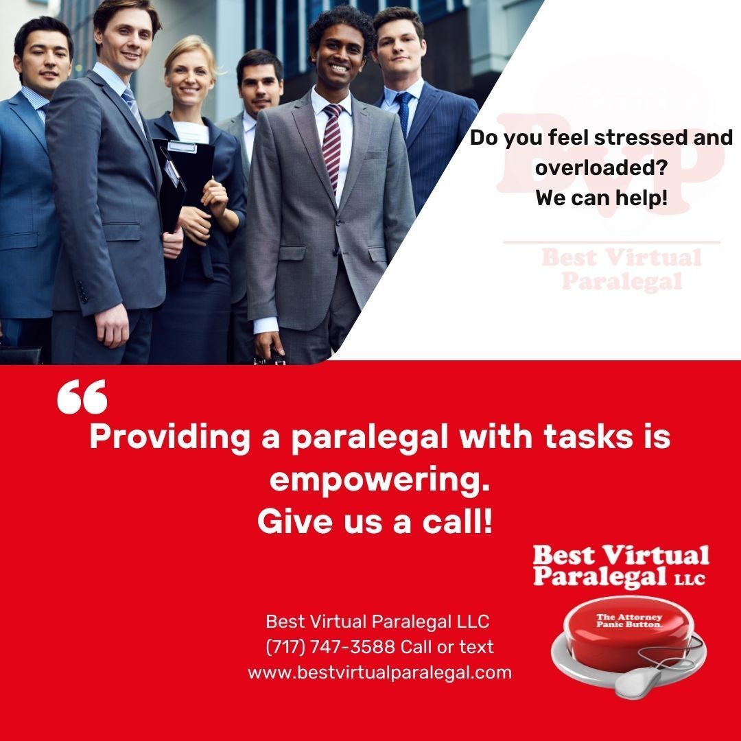 A group of people standing next to each other with a quote that says providing a paralegal with tasks is empowering.