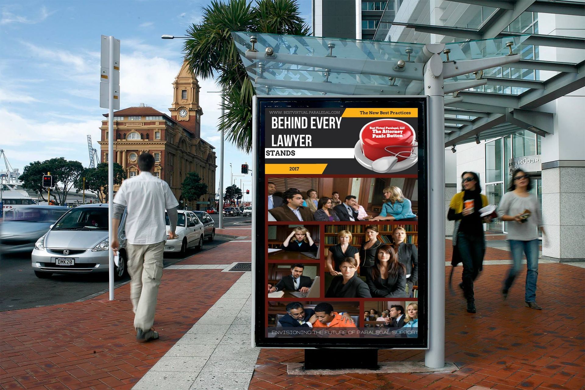 A bus stop with a sign that says behind every lawyer