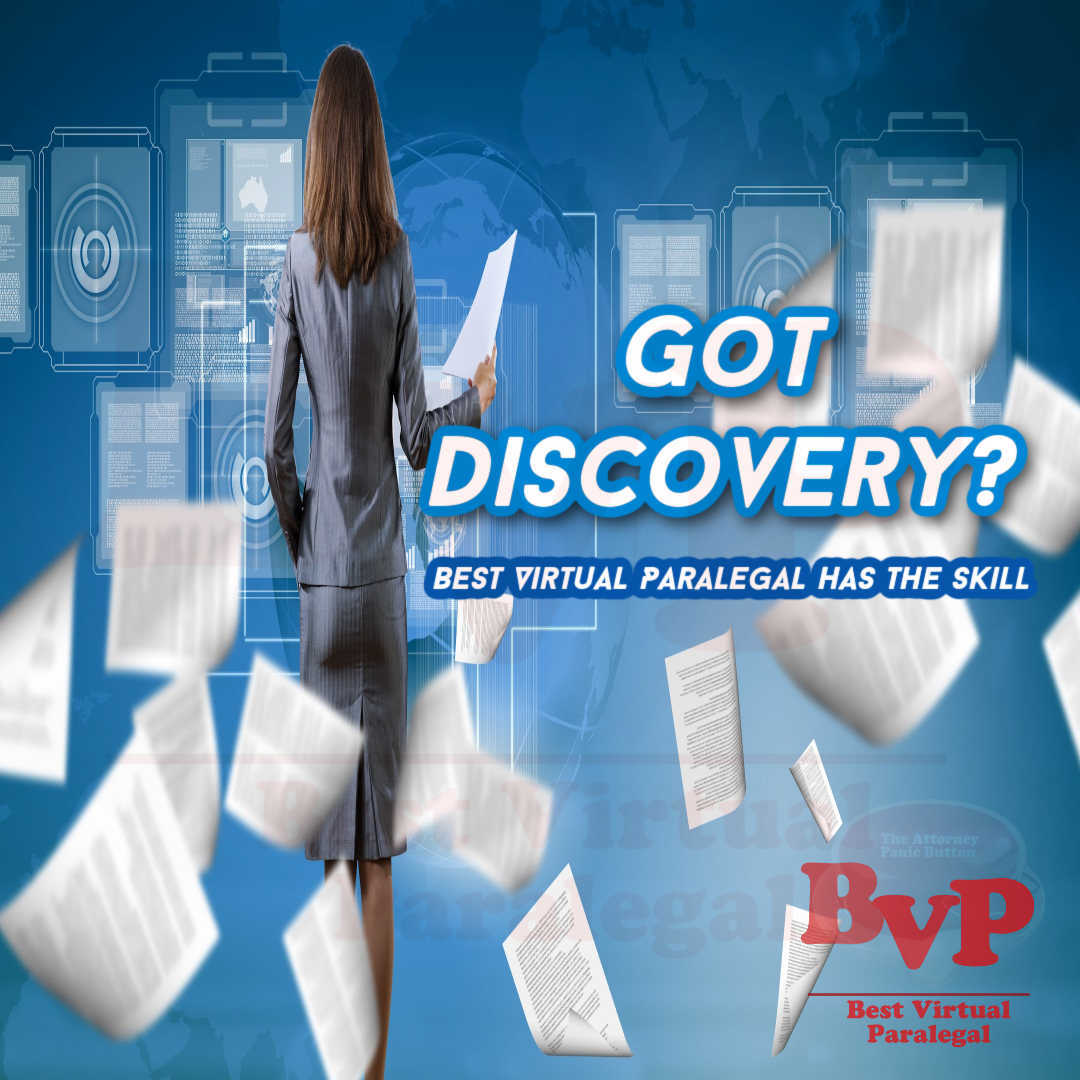 A woman is standing in front of a screen that says got discovery best virtual paralegal has the skill.