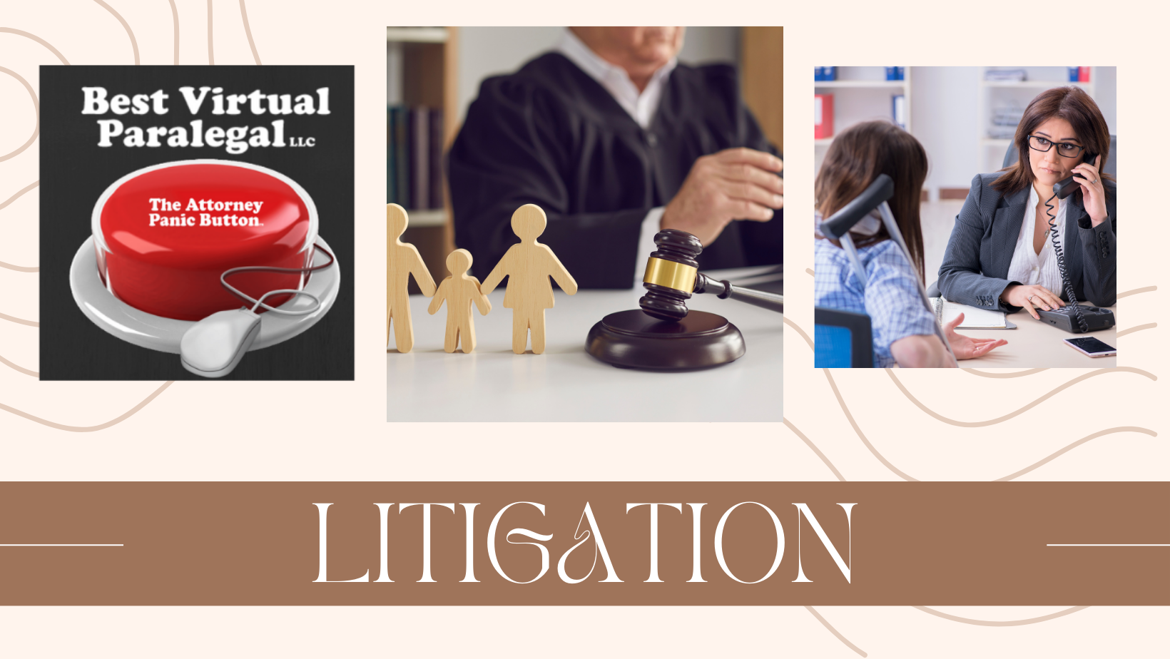 A collage of pictures of a judge , a family , and a woman talking on a phone.