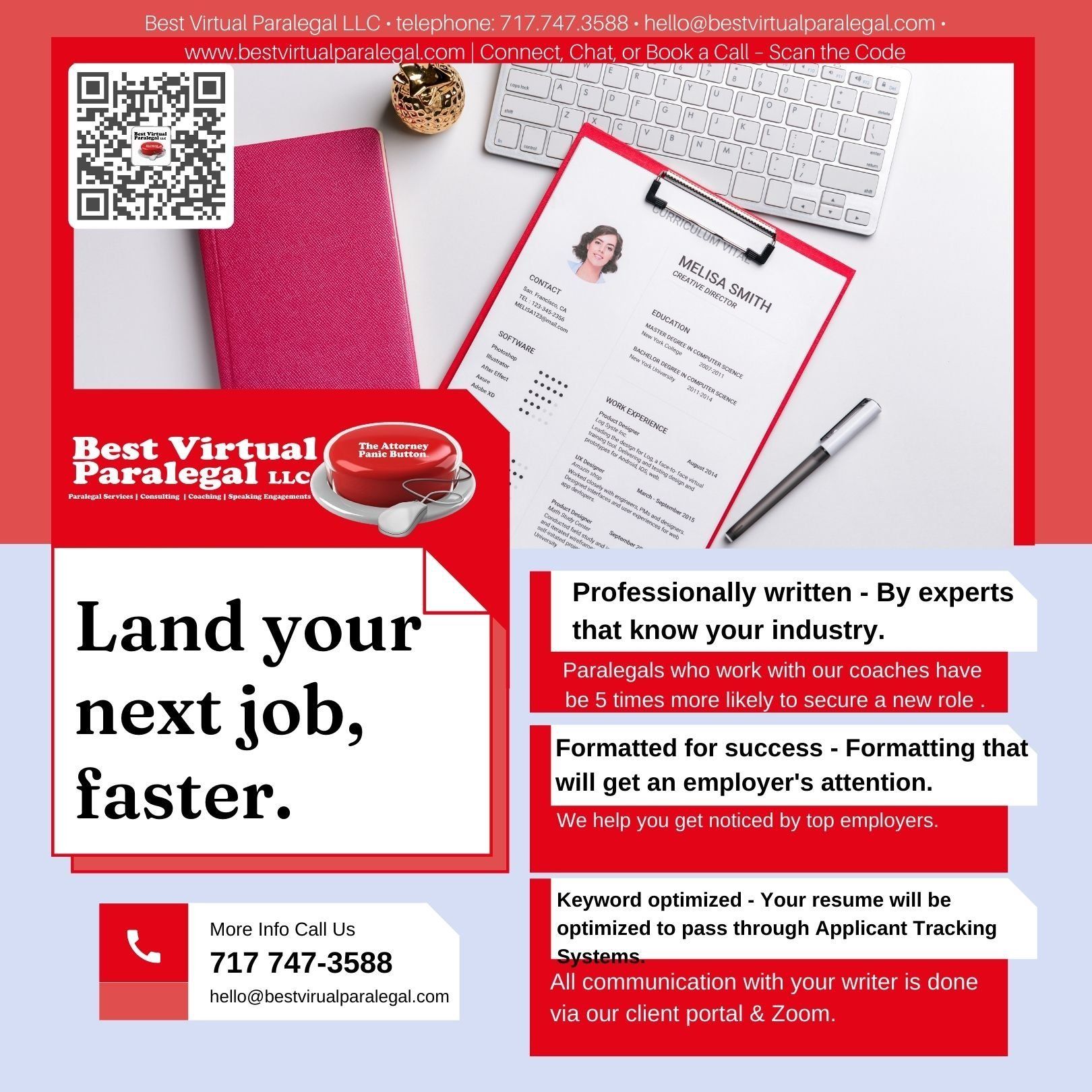 A poster that says land your next job faster.
