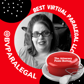 A woman with glasses and a panic button that says the attorney panic button.