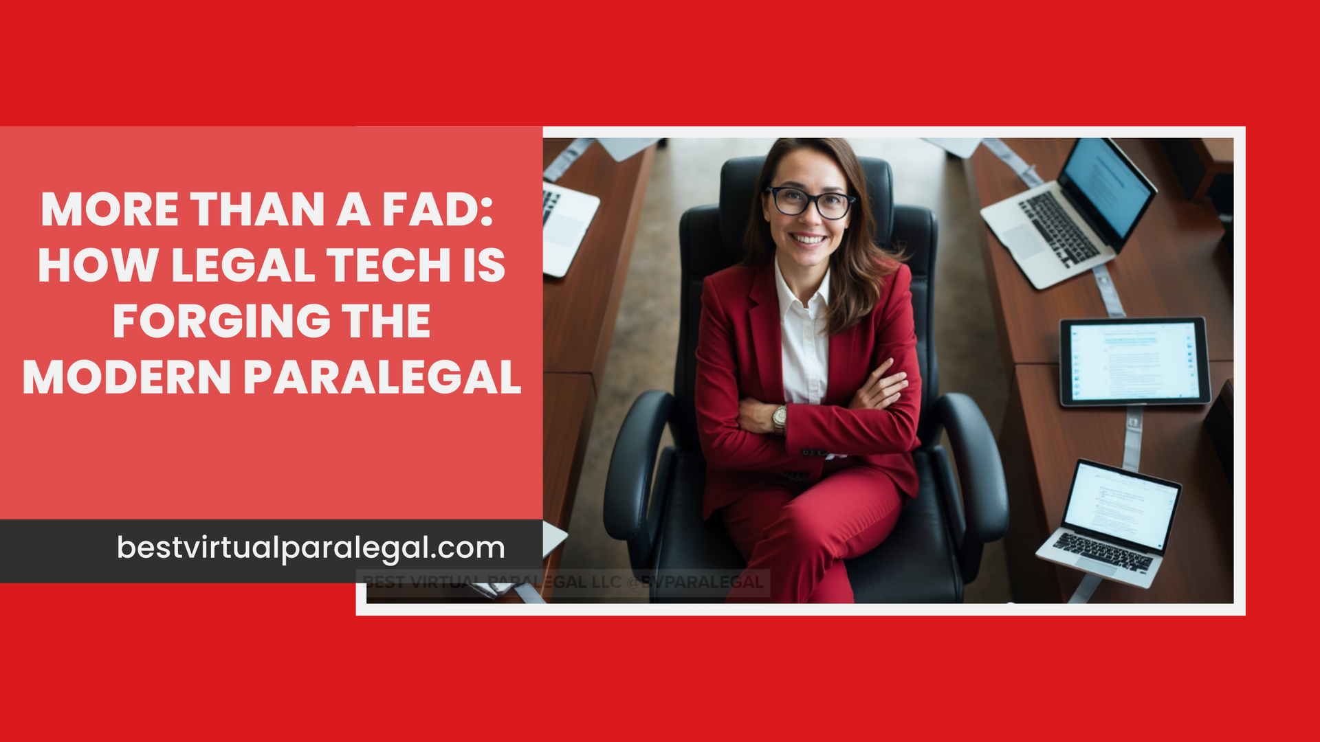 A paralegal surrounded by technology and devices