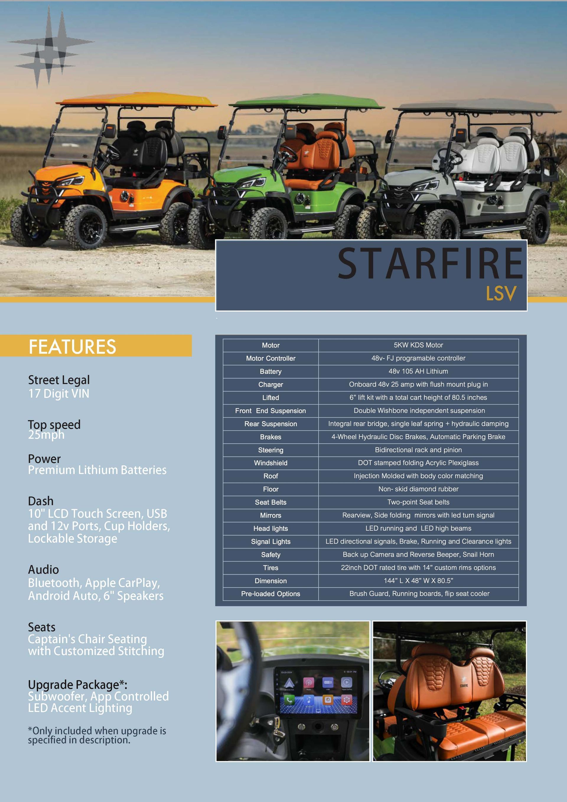 An advertisement for the Starfire LSV, showcasing three colored utility vehicles.