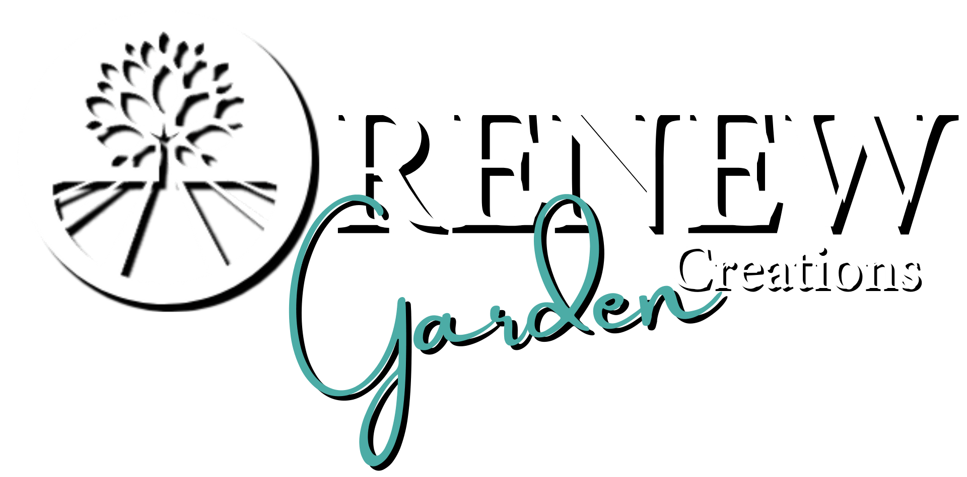 A logo for renew garden creations with a tree in the middle.