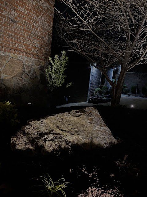 A tree is lit up at night in front of a brick building.