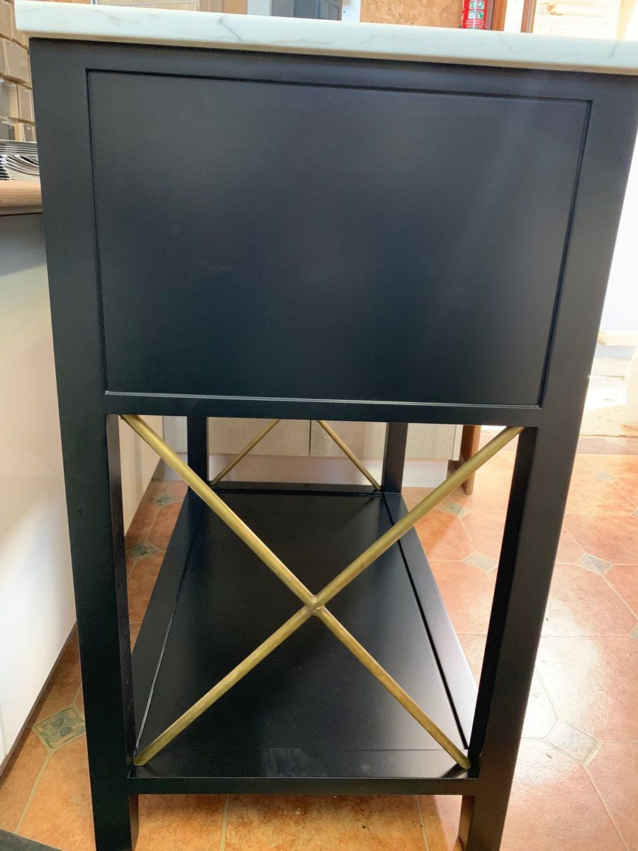 A Black and Gold Vanity With a Marble Top and a Shelf Underneath It — Coastal Detail Joinery in Tuncurry, NSW