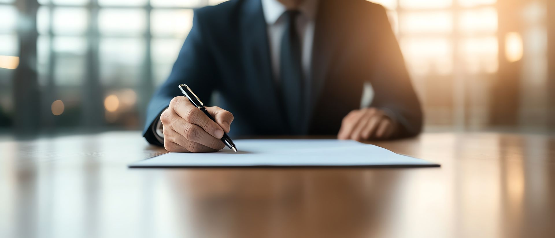 A man in a suit and tie is sitting at a table writing on a piece of paper.