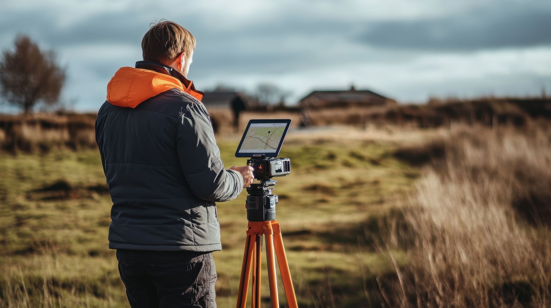 A man is standing in a field holding a tablet and a camera.