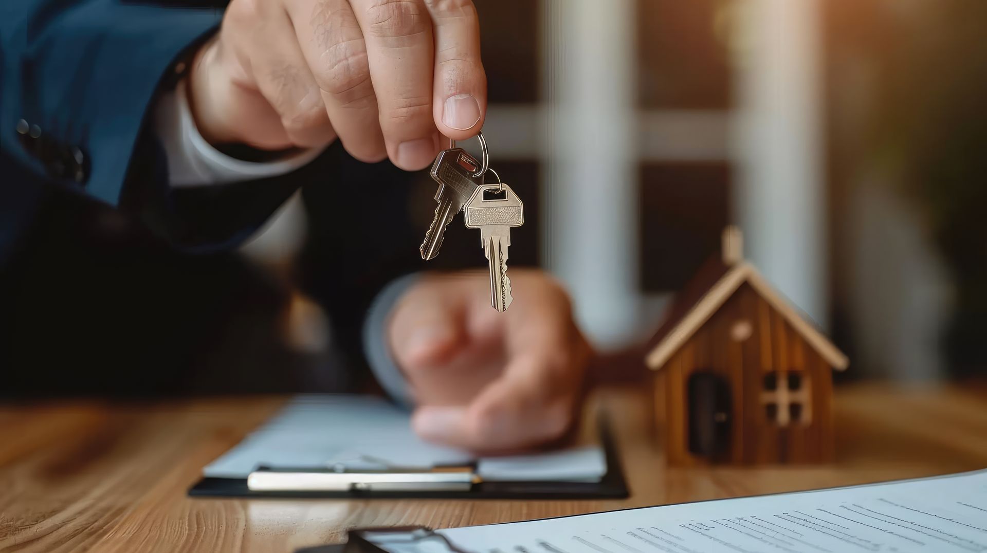 A man is holding a pair of keys in front of a model house.