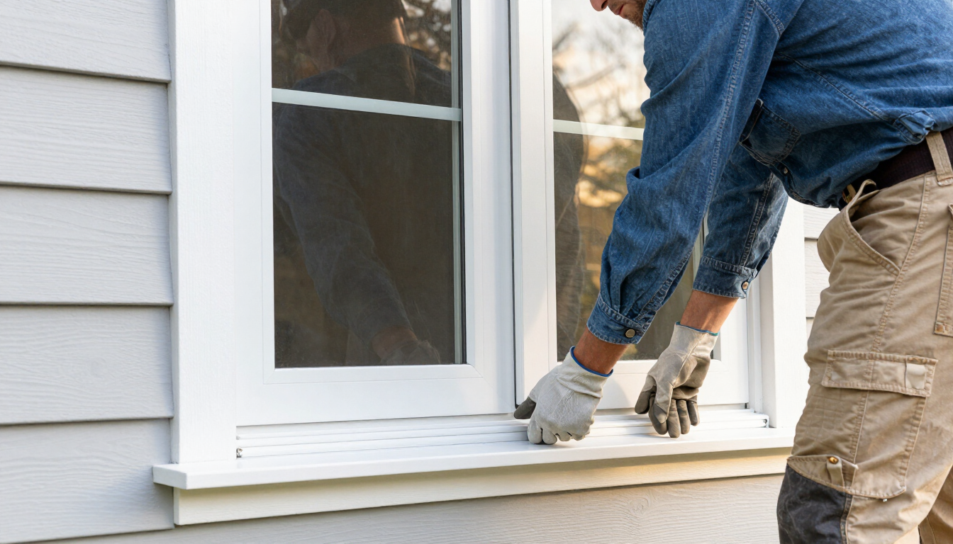 Contractor installing vinyl window in NC home