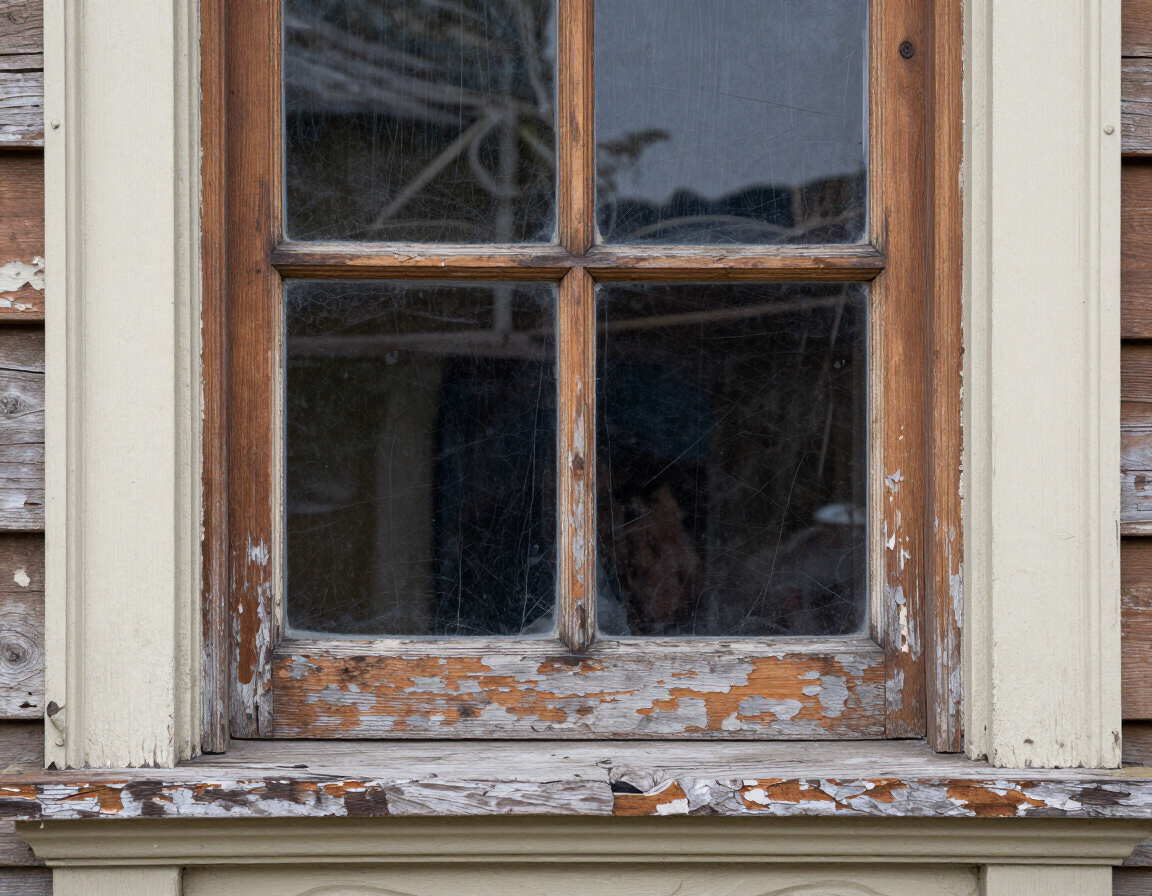 Historic window with original wood framing and period glass