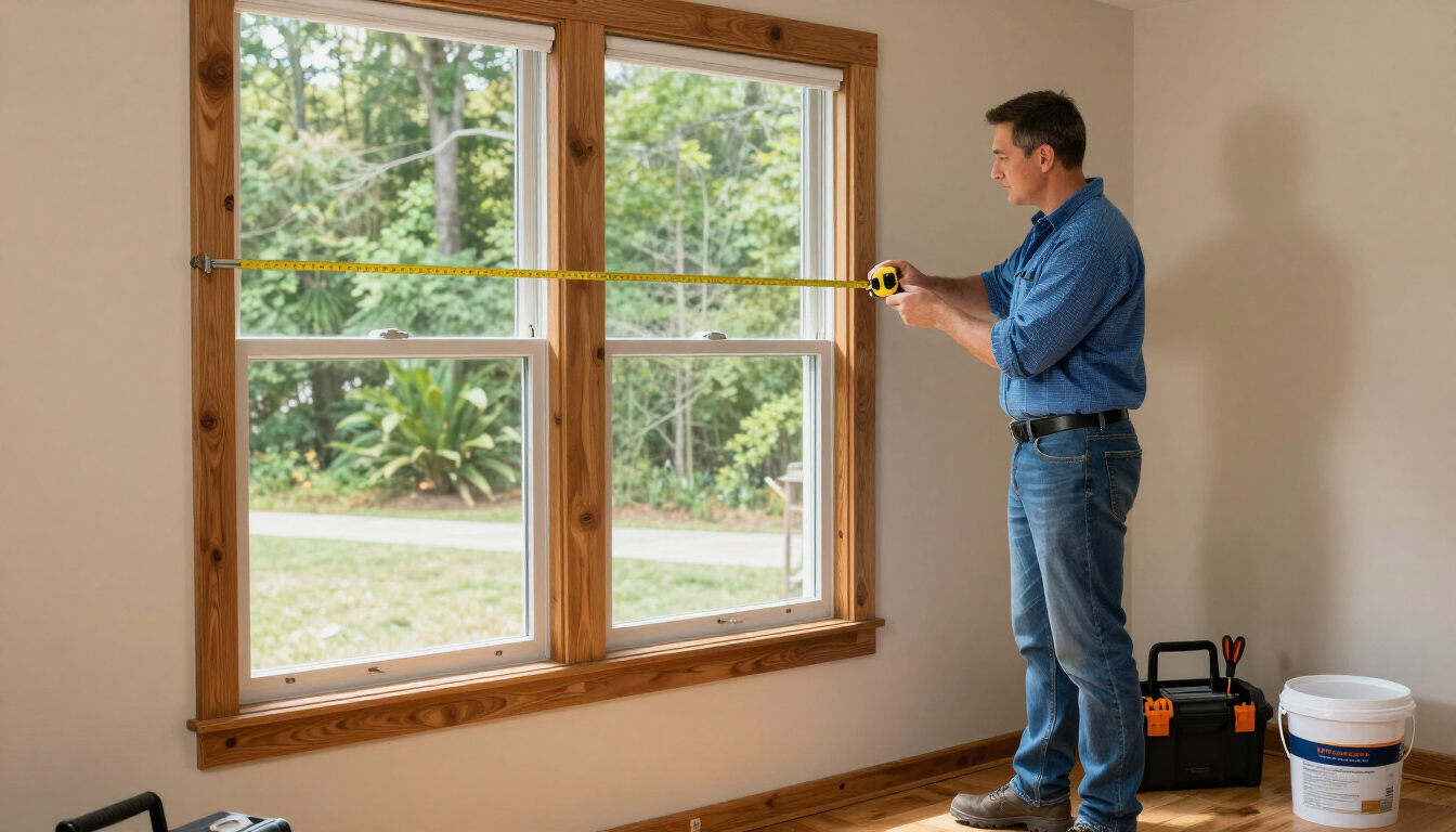 Photorealistic close-up of a contractor measuring a replacement window in a North Carolina home, natural light, professional renovation setting