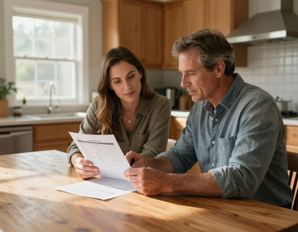 Photorealistic North Carolina homeowner reviewing a detailed window replacement estimate with a contractor at a kitchen table, warm daylight, realistic documents