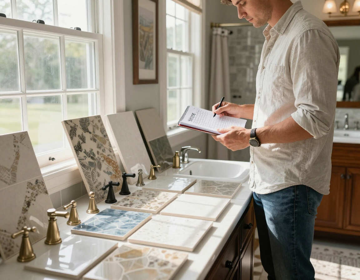Photorealistic bathroom planning scene with tile samples, fixture finishes, and a renovation budget
